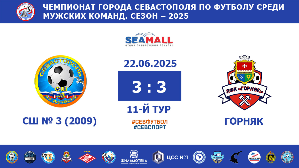 Чемпионат Севастополя по футболу – 2025. СШ № 3 – ФК «Севастополь» (2009) – «Горняк» – 3:3. Протокольные данные