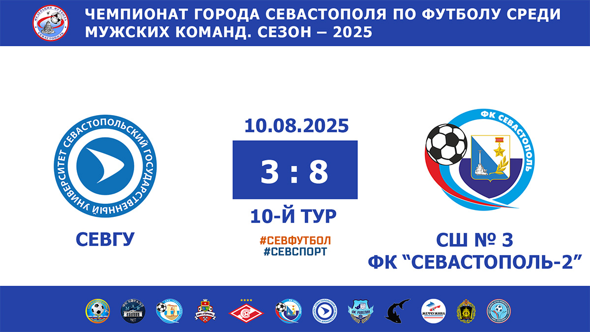 Чемпионат Севастополя по футболу – 2025. СевГУ – СШ № 3 – ФК «Севастополь-2» – 3:8. Протокольные данные