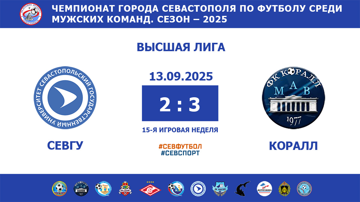 Чемпионат Севастополя по футболу – 2025. СевГУ – «Коралл» – 2:3. Протокольные данные